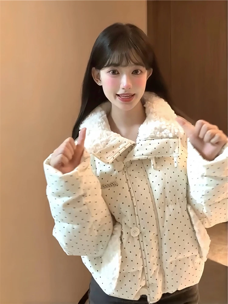 

Thiened Polka Dot Cotton Jaet Spring Autumn Winter Warm Bread Sle Top for Young Women Anti-aging with Fur Collar