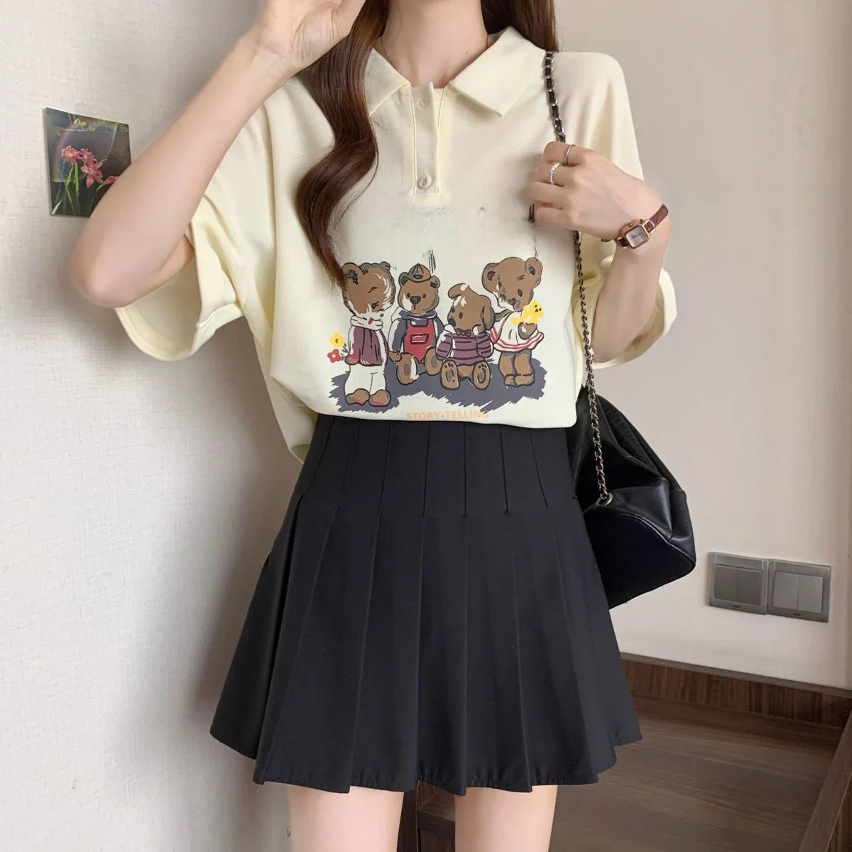 القطن الخالص الكرتون الدب طباعة Ne ort Sve تي شيرت المرأة فضفاضة تناسب الصيف جديد Sle التخسيس الأعلى الكورية Sle #1