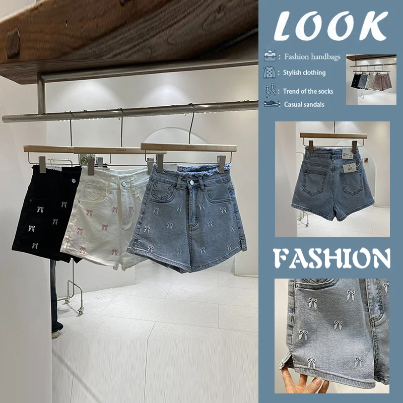

Embroidered Knot Denim Shorts Women's Summer New Style Frayed Hem Lift Butt Slimming Hot Pants Trendy Straight Leg