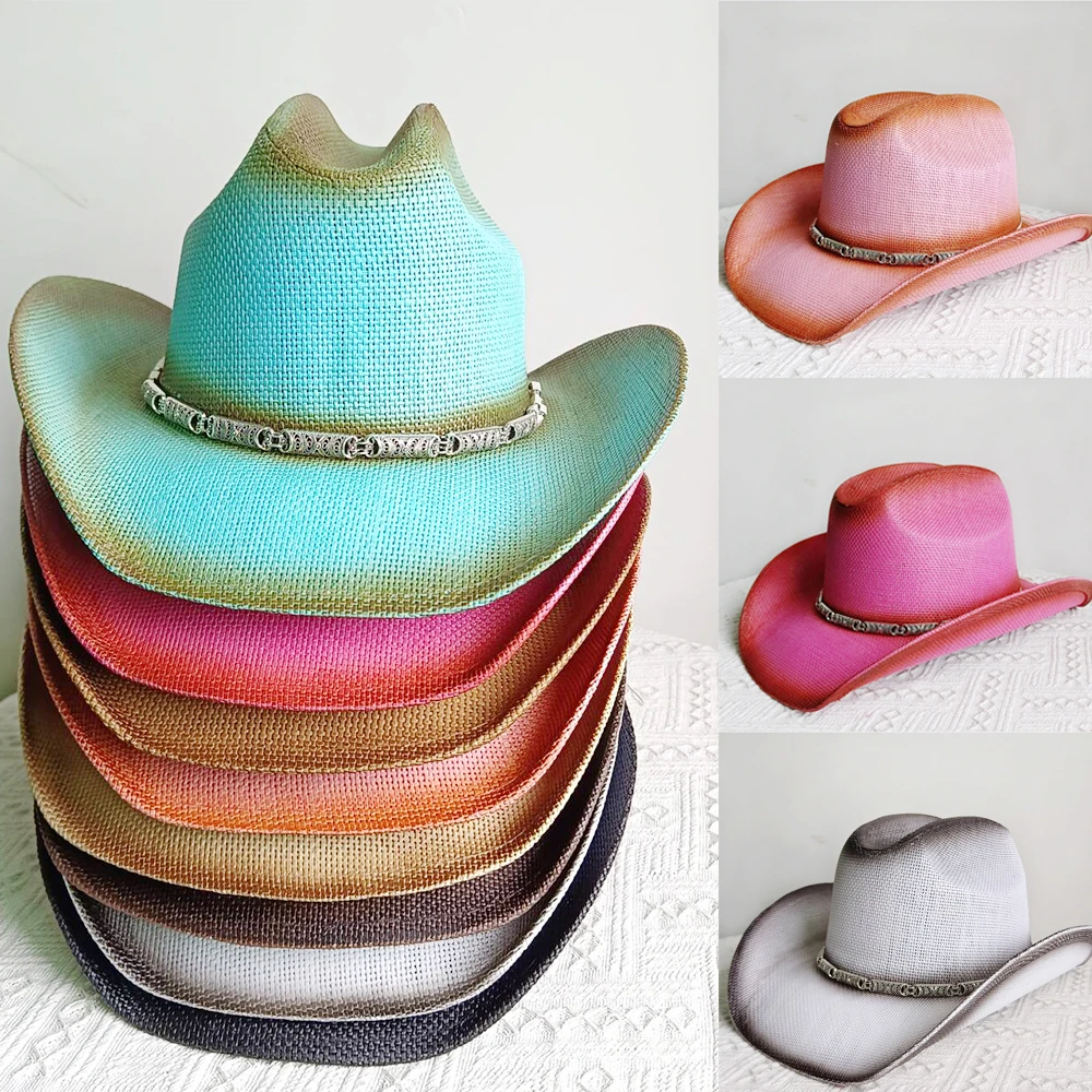 

Western cowboy hat double concave straw riding cowboy hat silver accessories men and women classic retro style straw sun hat