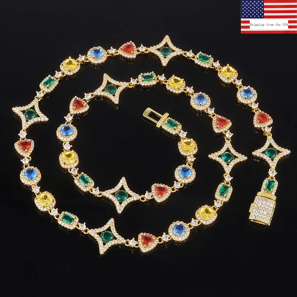 

Hip Hop Jewelry 18k Gold Plated Colored Cubic Zirconia Necklace Green/Blue/Red/yellow Crystal Gemstone Iced Out Chain