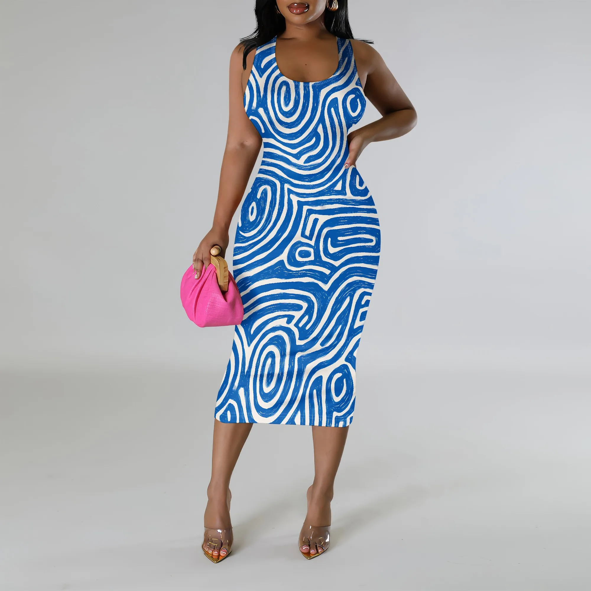 Blue Maze Print Dress, Sleeveless Midi Dress, Bodycon Party Dress, Summer Casual Wear for Women, S-2XL