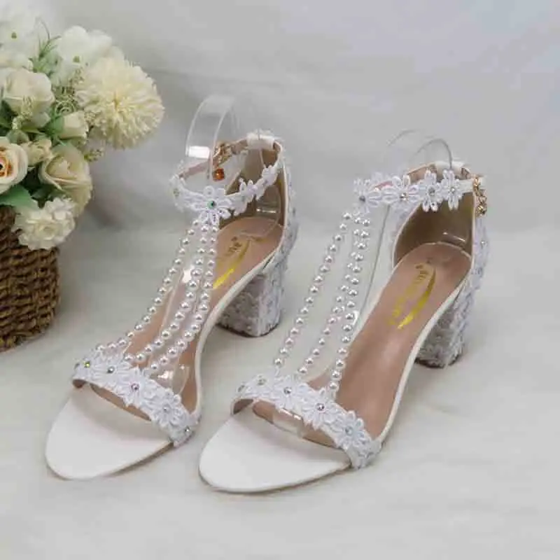 2023 new arrival BaoYaFang fashion white pearl sweet white lace flower sandals buckle bridesmaid dress shoes ankle strap shoe