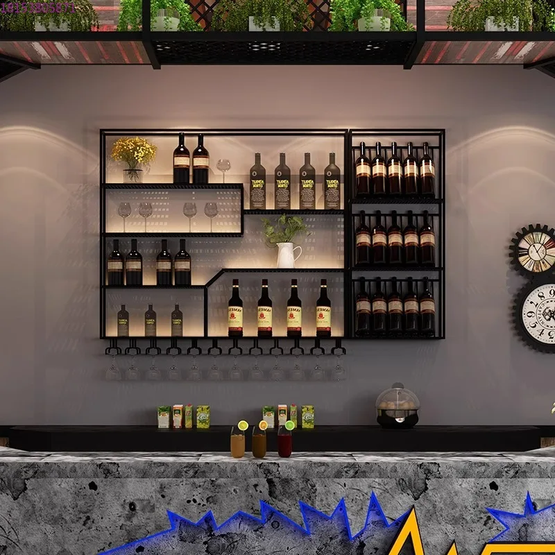 Wall-mounted wrought iron wine display stand Wall simple creative luminous shelf restaurant