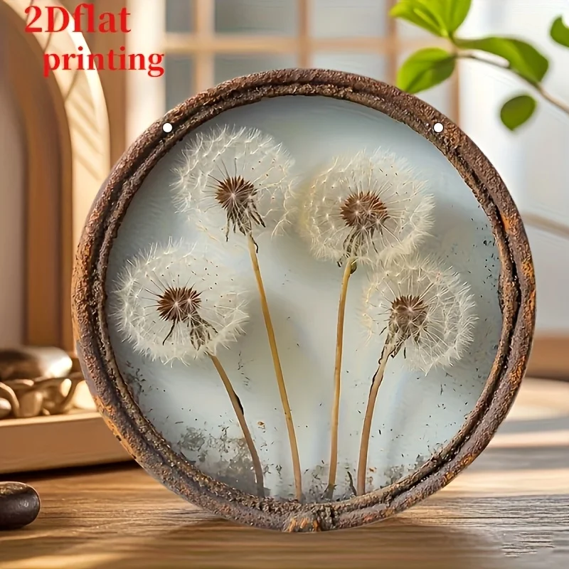 2D Flat, 1pc, 2D Flat - Round Wooden Sign, Rustic Dandelion Theme, Suitable for Home, Yard, Bathroom, Door Decoration, Multi-pur