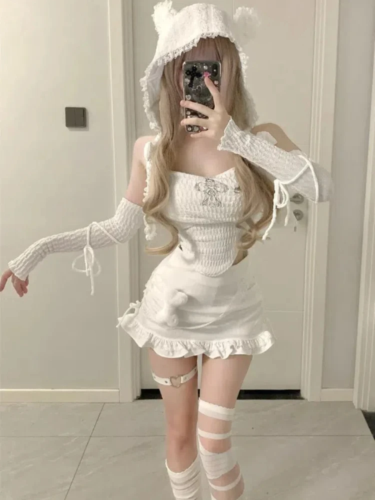 Autumn Sweet Knitted 4 Piece Set Women Design Pretty White Slim Lolita Kawaii Set Female Solid Sweater Mini Skirt Suit New