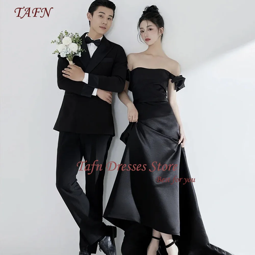 

TAFN Simple Black Dresses Photo Shoot Off the Shoulder A-line Sweep Train Wedding Dresses Korea Elegant Bridal Gown