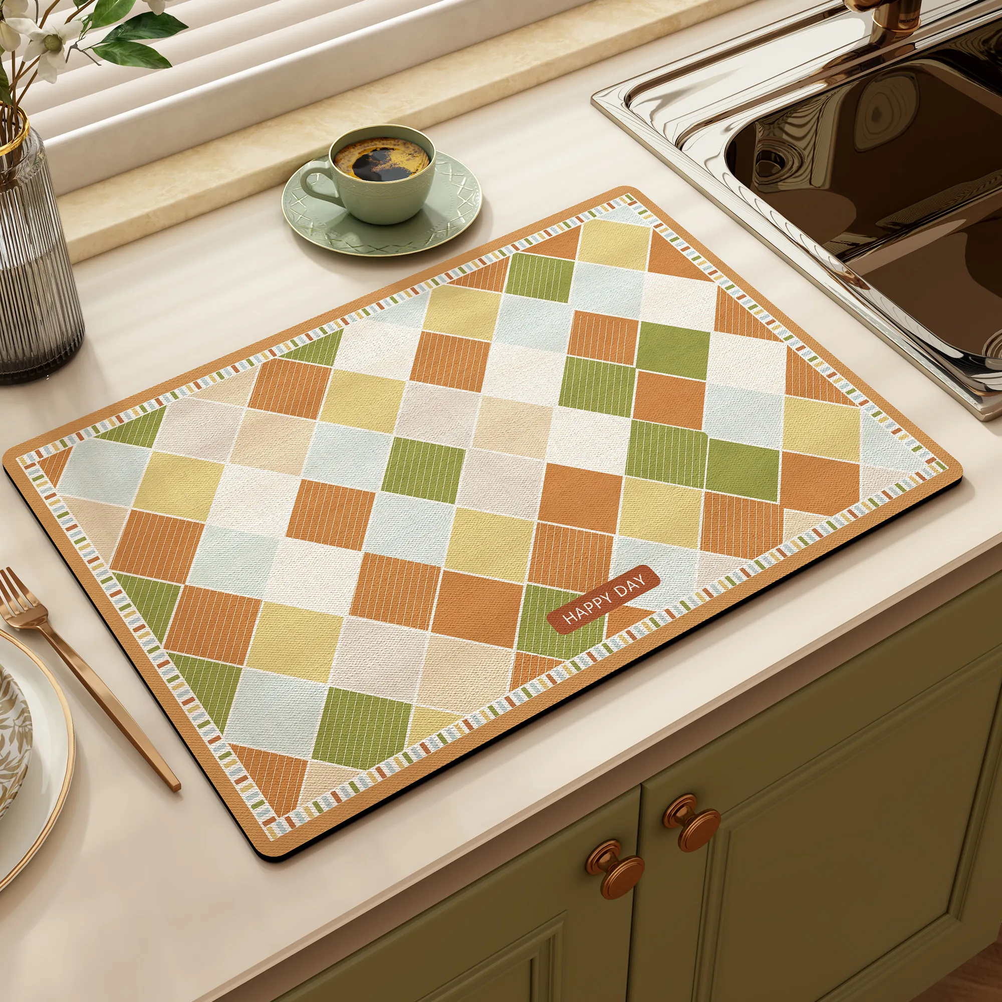 VIKAMA Pastel Check Floral Drying Mat Tiny Flower Print Non Slip Heat Resistant Pad For Kitchen Coffee Dining Counter Decor