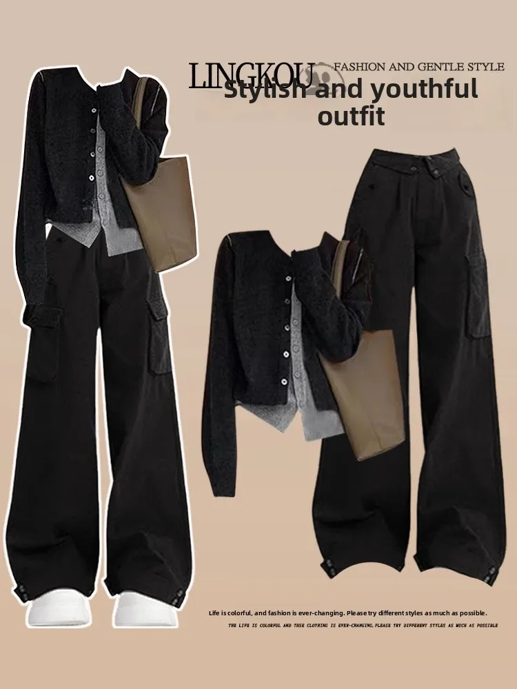 

Spring Casual Slimming Women's Set Large Size Knitted Top And Loose Work Pants Two-Piece Suit Faionable And Comfortable