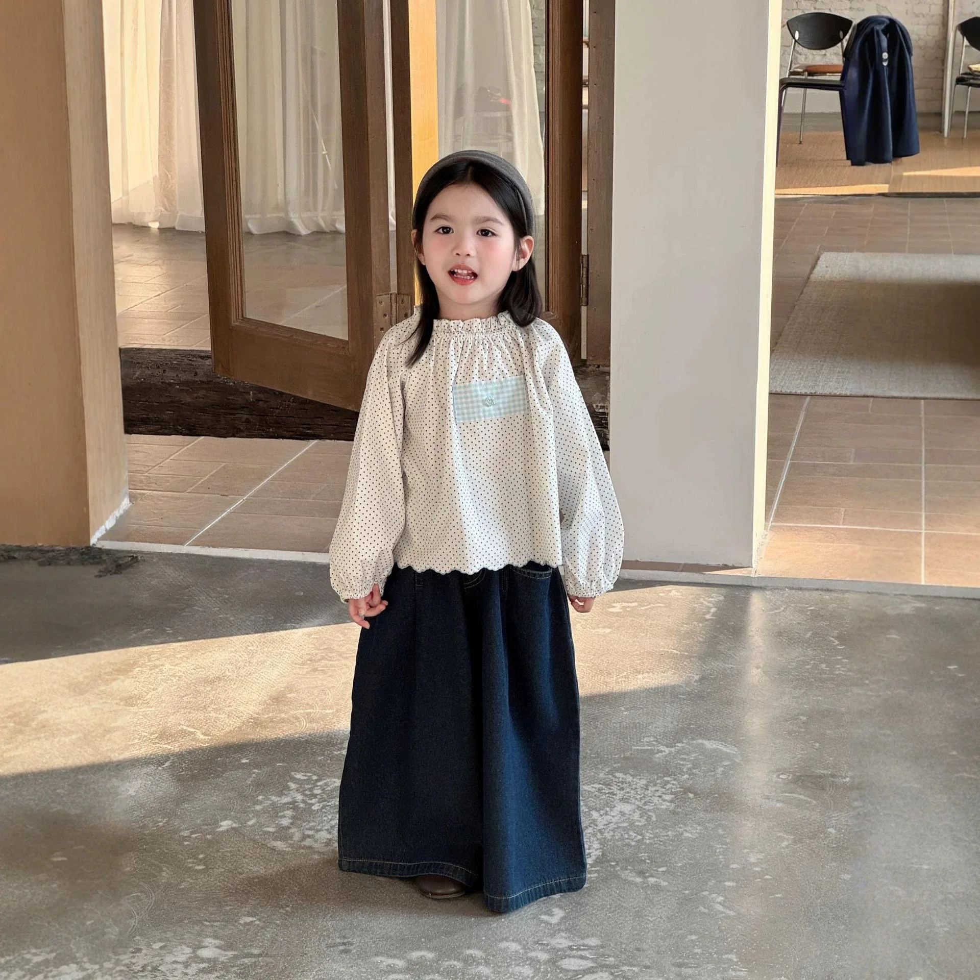 2026 Autumn Girl Sweet and Cute Blue Grid Patchtop with Buttons Full of Printed Black Fungus Edges Loose Doll Shirt Top