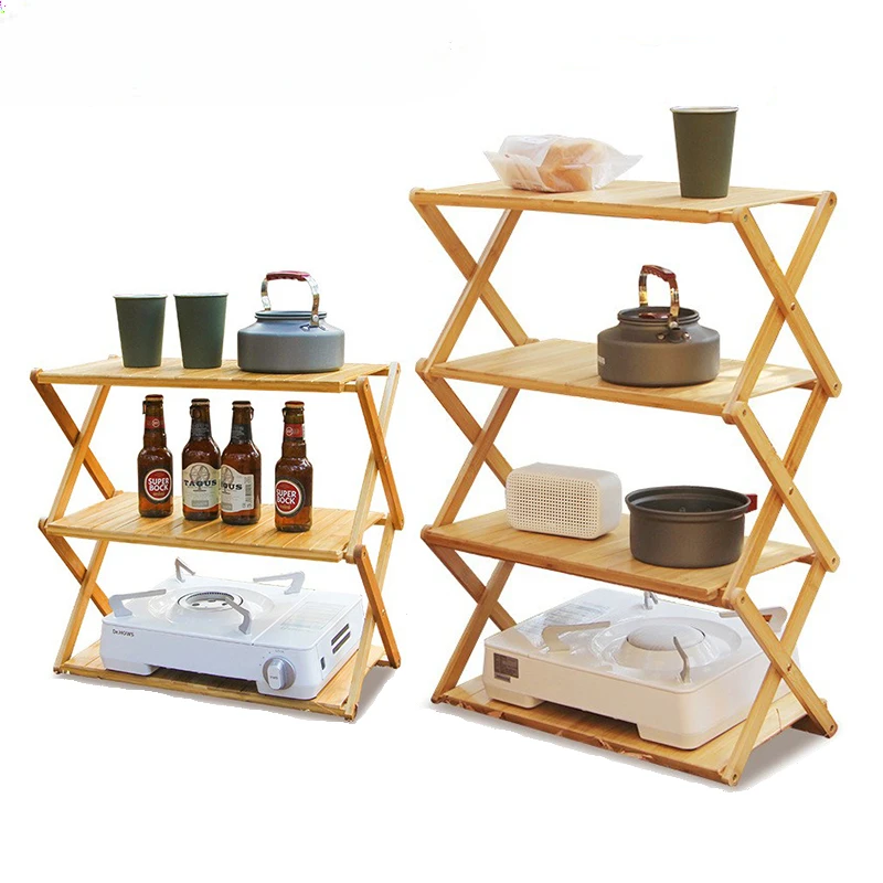 

Портативные походные бамбуковые полки со складными уличными многофункциональными полками для цветов и полками для обуви от 2 до 5 слоев.