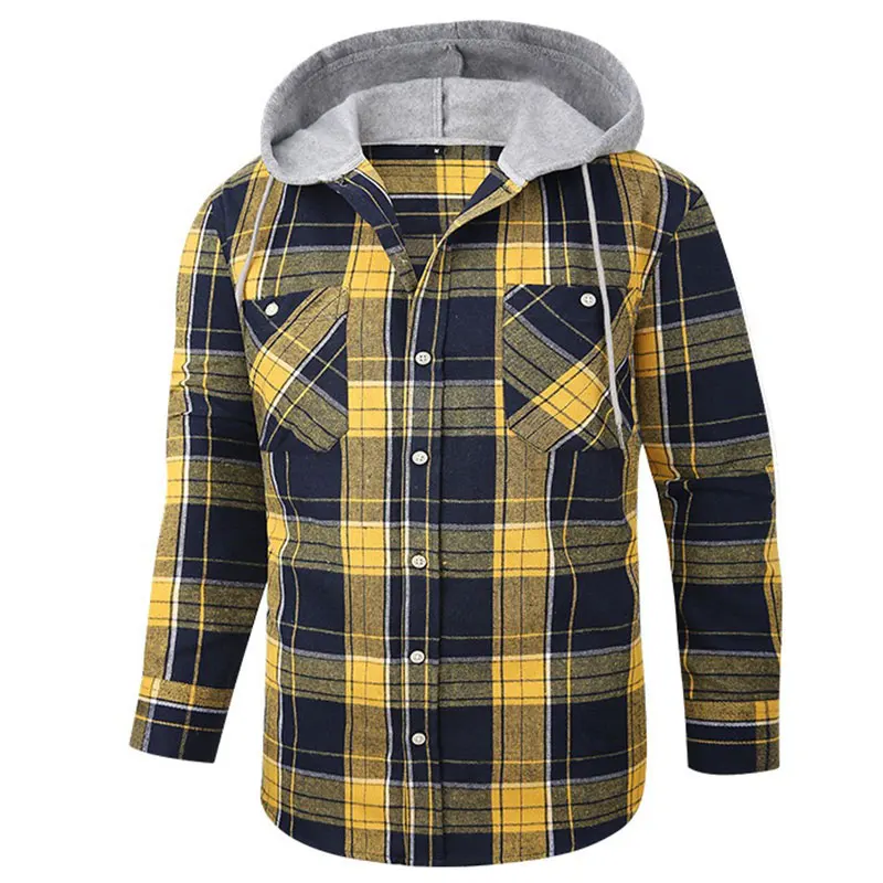 Spring and autumn new fashion hooded double pocket daily casual plaid flannel men\'s long-sleeved shirt wool coat American code