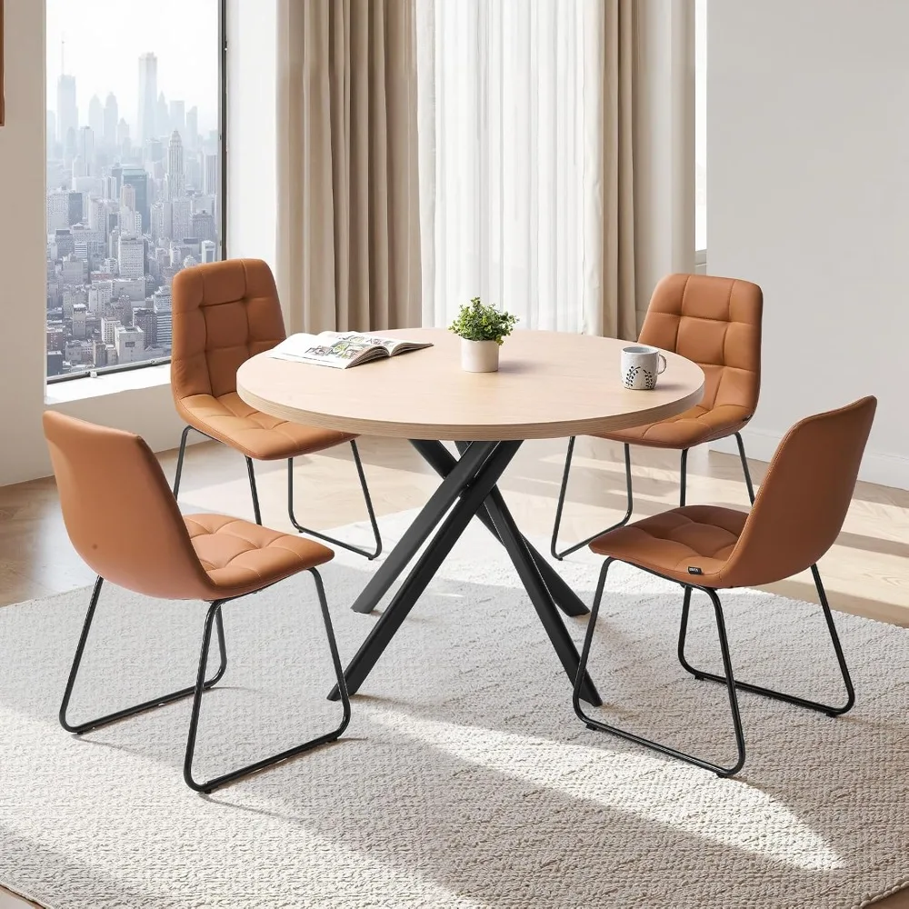 

5-Piece Dining Table Set, Space-Saving Round Kitchen Table with 4 Upholstered Orange Chairs, PU Leather Cushions.