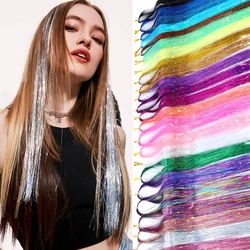 Hilos brillantes de colores del arco iris para mujer, Kit de oropel para el cabello, extensiones de cabello de seda dorada, accesorios de cuerda de purpurina, tocado