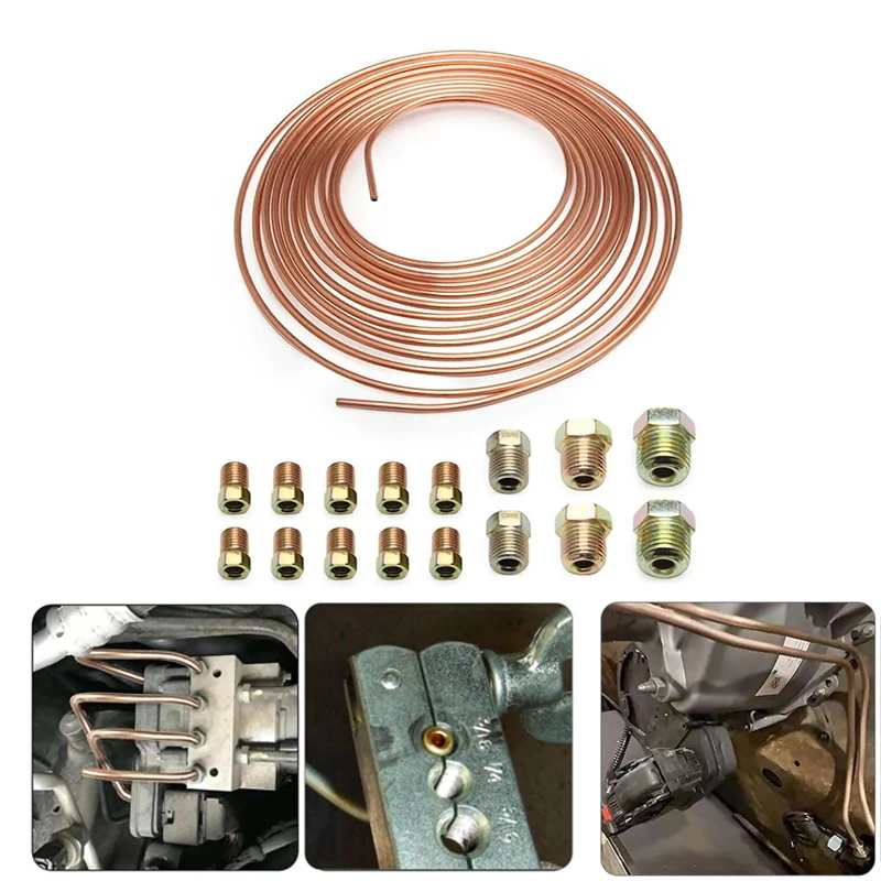 25 ft 3/16  Brake Line Replacement Tubing Coil and Fitting Kit, 16 Fittings Included, Inverted Flare, SAE Thread