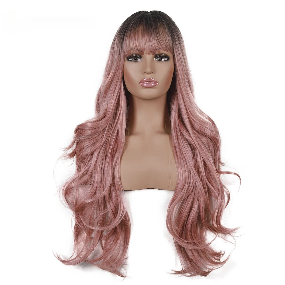 Long Body Wavy Ombre Brown Pink Synthetic Wigs with Bangs for Women Daily Party