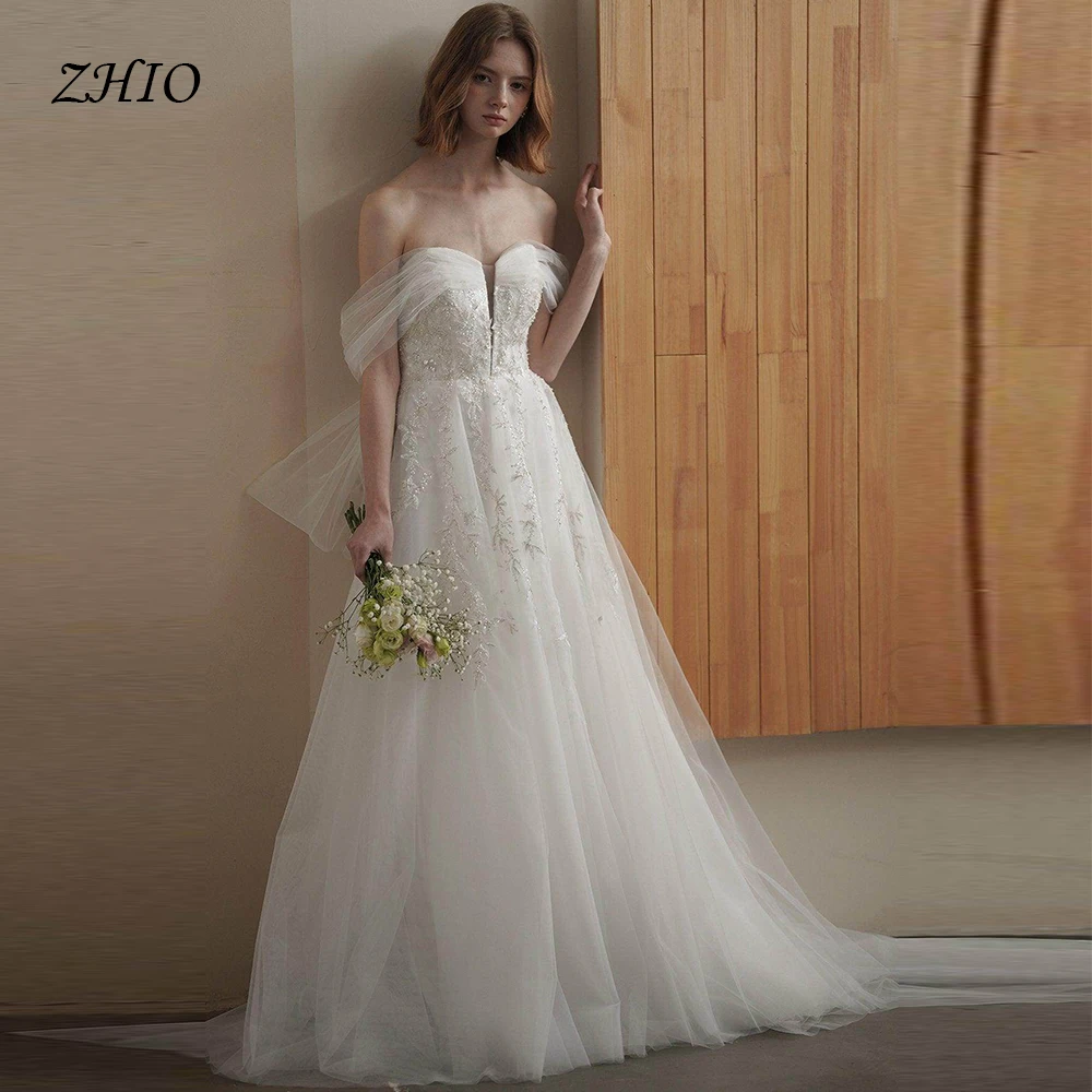 ZHIO Индивидуальные милые тюлевые свадебные платья для женщин, невесты в стиле бохо, трапециевидной формы, большие размеры, с открытыми плечами, кружевное свадебное пляжное платье
