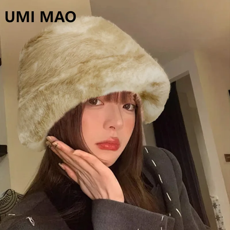 

UMI MAO Real Rabbit Fur Hat Women Autumn Winter New Korean Style Face-Slimming Fisherman Hat Large Head Circumference Cap