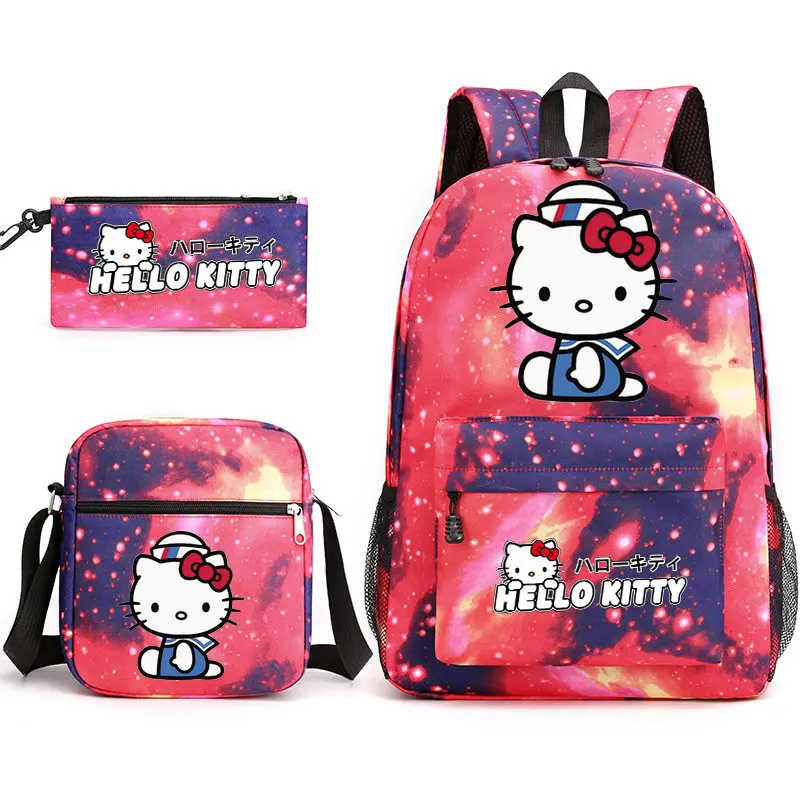 Hello Kitty New Kawaii 3Pcs Boy Girl Kids School Book Bags Travel Backpack Shoulder Bag Pen Bag For Men Women