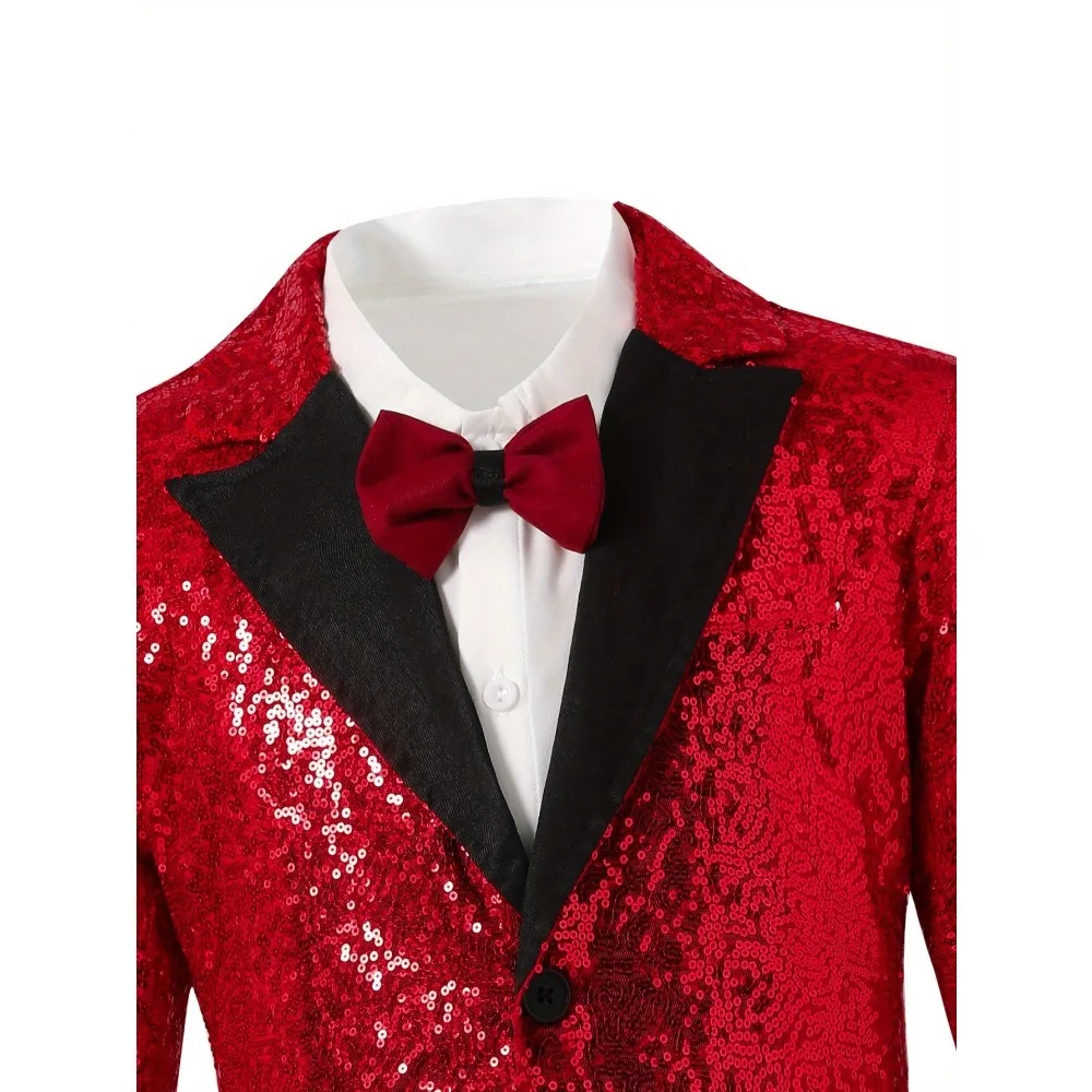 طقم بدلة رسمية للأولاد من توين بوي مكون من 4 قطع: بدلة طية صدر السترة باللون الأحمر والترتر الأسود + ربطة عنق حمراء + قميص أبيض + بنطلون أسود. لا