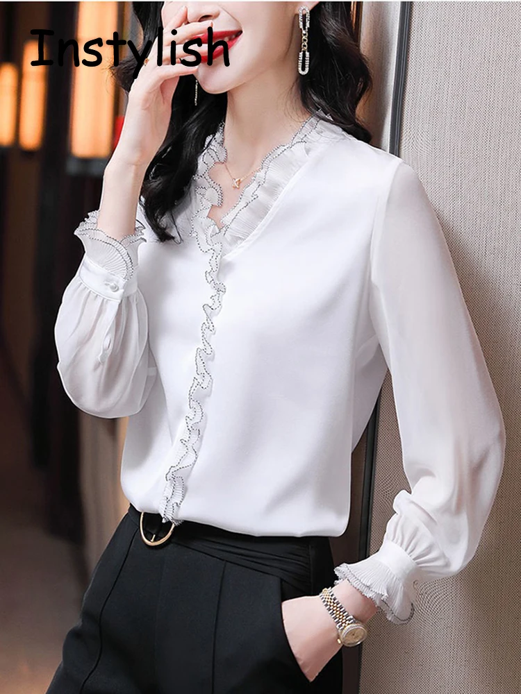 Elegant Women Chiffon Shirt Korean Blouse Office Lace Mesh Long Sleeve Ruffles V NeckTops Casual Vintage Pullovers Blusas 2022