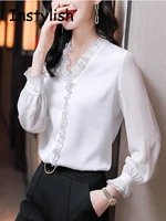 Elegant Women Chiffon Shirt Korean Blouse Office Lace Mesh Long Sleeve Ruffles V NeckTops Casual Vintage Pullovers Blusas 2022 - Image 6