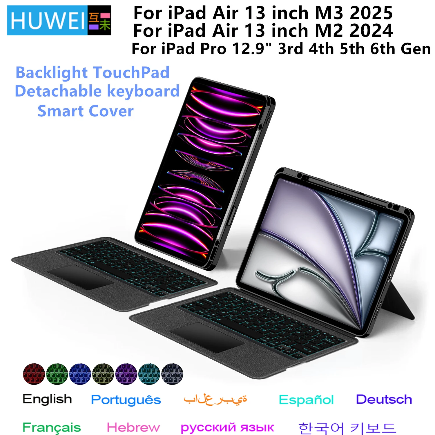Custodia con tastiera magica per iPad Air 13 pollici M3 2025 M2 Pro 12.9 Tablet Spagnolo Portoghese Ebraico Tedesco Coreano Tastiera Cover Folio