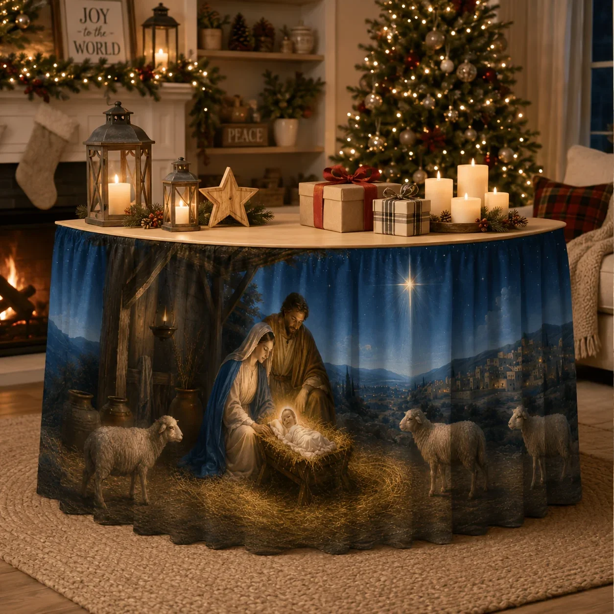 One tablecloth: Polyester realistic Christmas family wooden house sheep Bethlehem star night town scene print decoration