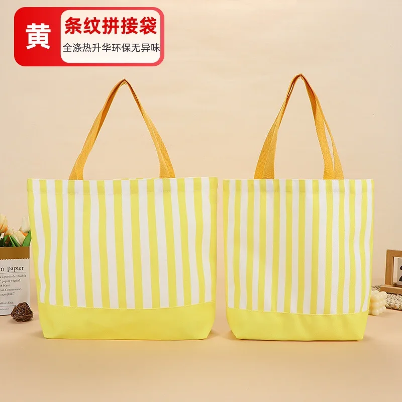 Custom Logo Striped Stitching Canvas Bag Women's Contrasting Color Handheld Tote Bag Large Capacity Eco-friendly Shopping Bags