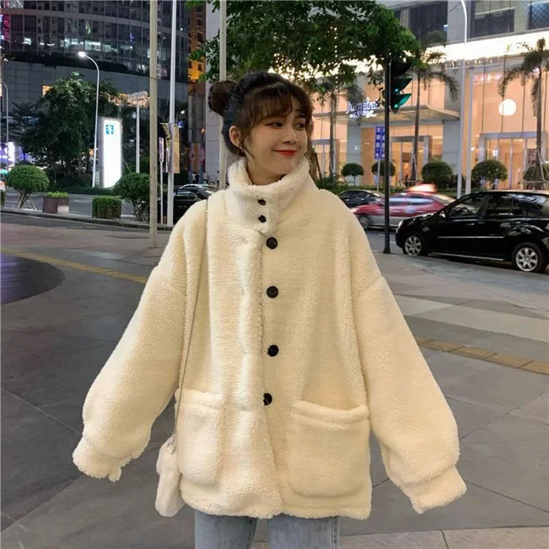 Sovob New Kawaii Turtleneck Single Breasted Jacket Women Loose Solid Color Parkas Ladies Korean Plush Thickened Warm Coats Woman