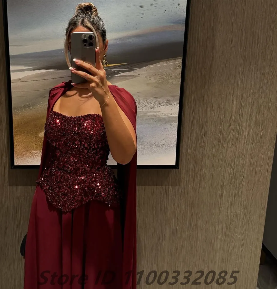 EPackage-Robe de soirée en mousseline de soie bordeaux pour femme, ligne A, arabe saoudien, cape à paillettes, robe de Rh, robe formelle personnalisée, Dubaï