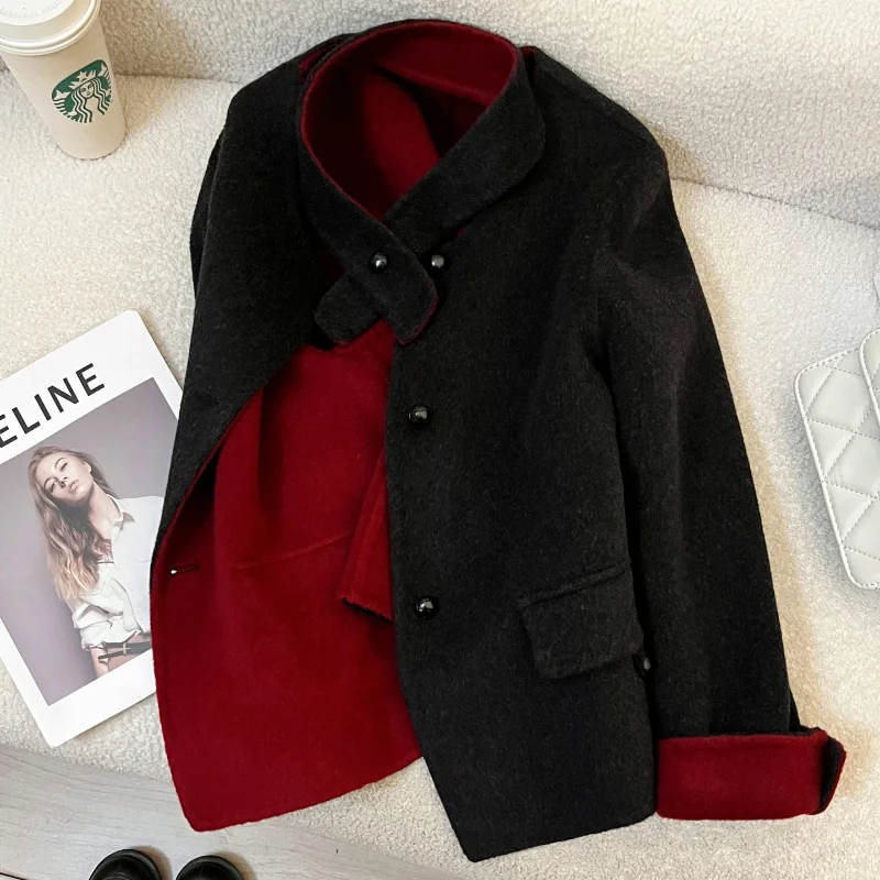 

Black Red Contrasting Double-sided Woolen Blended Short Coat for Women's Fashion Simple High-quality Warmth French Woolen Coat