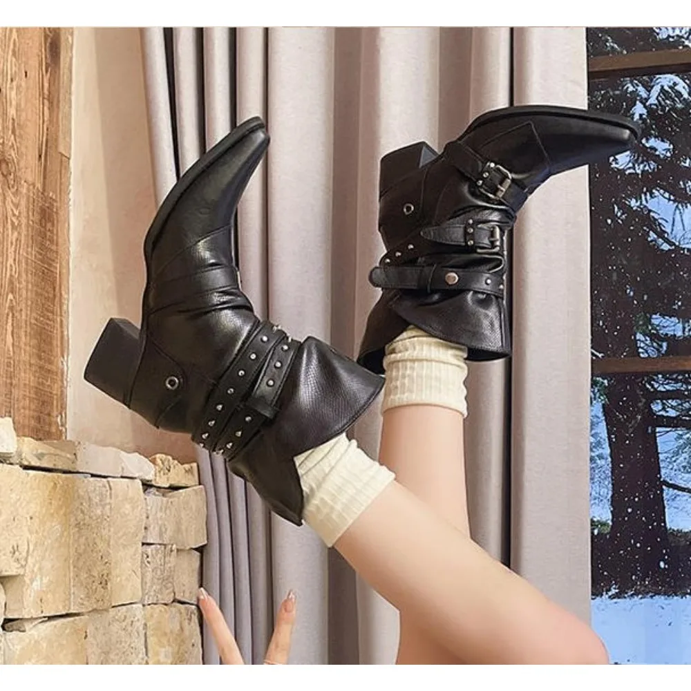 

Women's Ankle Boots Gothic Punk Style Original Design Pleated Western Slimming Thick Heel Pointed Toe Stylish Trend Short Barrel