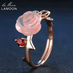 LAMOON 925 Sterling Silver Ring For Women Rose Quartz Gemstone Rose Flower 18K Rose Gold Plate Adjustable Ring Jewelry LMRI025