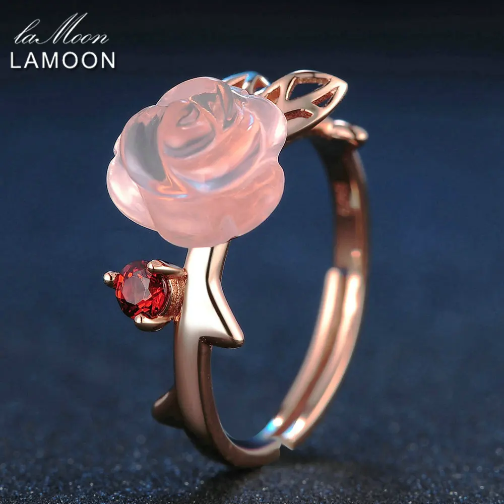 LAMOON 925 srebrny pierścień dla kobiet różowy kamień kwarcowy Rose Flower 18K Rose pokryte złotem regulowany pierścień biżuteria LMRI025