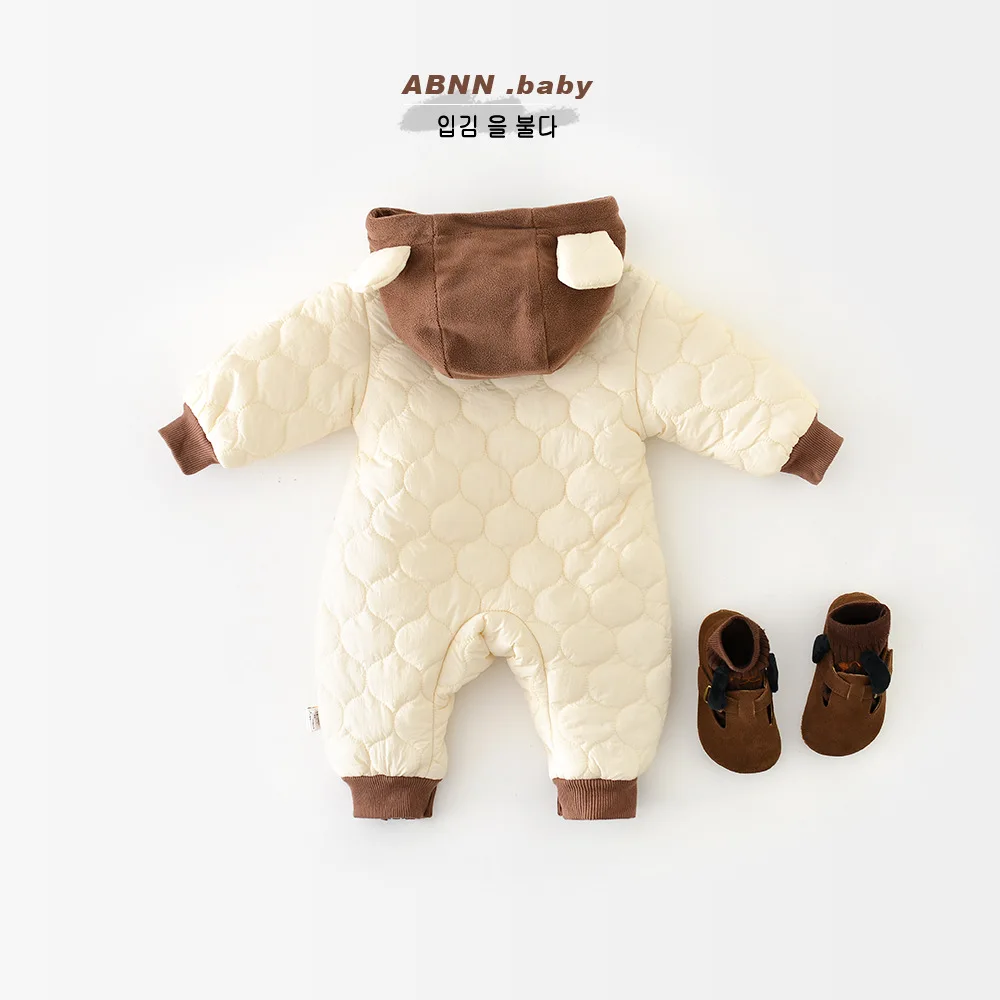 Autumn Winter Korean Baby Boy Rompers Cotton Quilted Hooded Bear Ears Zipper Thickened Infant Boys Bodysuit Newborn Boy Jumpsuit