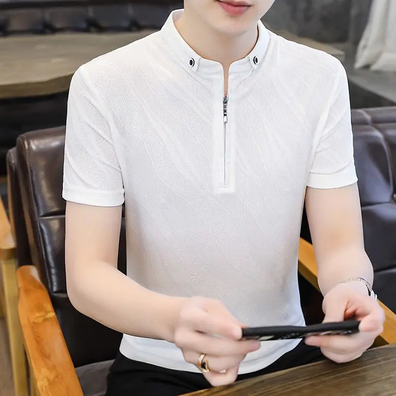 2024 Summer New High End Ice Silk Short Sleeved T-shirt Men's Korean Edition Simple Bottom Shirt Trendy Fashion  Casual Top