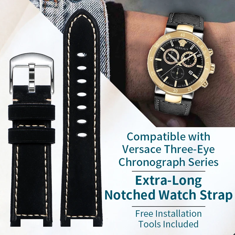 For VERSUS VERSACE Genuine Leather Watch Strap - Two-Eye/Three-Eye Chronograph Notched Extended Length Strap