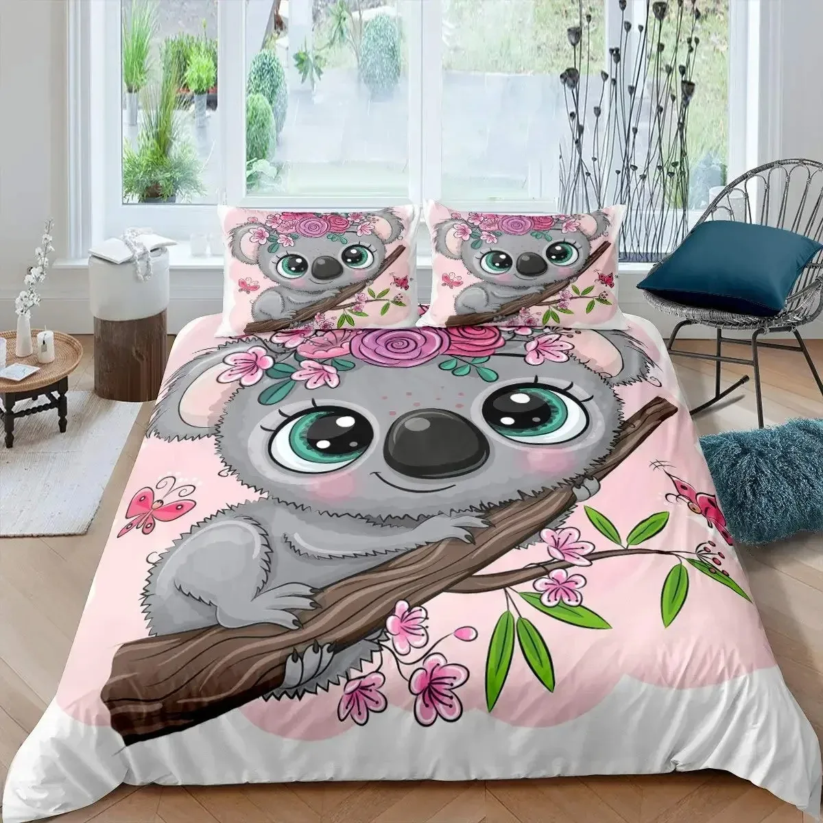 2026 Cartoon Cute Koala Pink Flowers Duvet Cover Women Kids Girls Teens Warm Gifts Bedroom Decoration Cartoon Animal Theme Queen