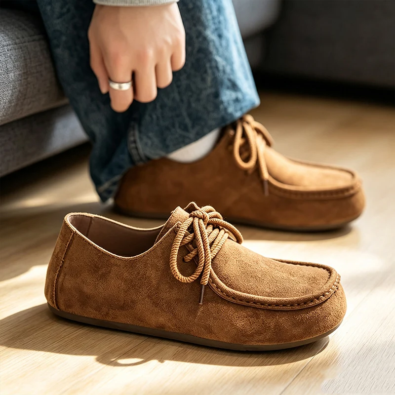 Spring and Autumn New Men's Loafers, Lace-Up Casual Shoes, Hand-Stitched, Round-Toe, Versatile, Retro Korean-Style Sneakers, Comfortable, Soft-Soled, Breathable, Lightweight, Height-Increasing, Wear-Resistant, Simple Style, Outdoor Commuting, Fashionable, Trendy, Sports and Leisure Men's Shoes