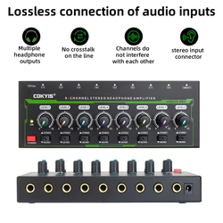 8 Channel Stereo Headphone Amplifier with Power Adapter Mini Portable Ultra Low Noise Audio Amplifier for Sound Mixer
