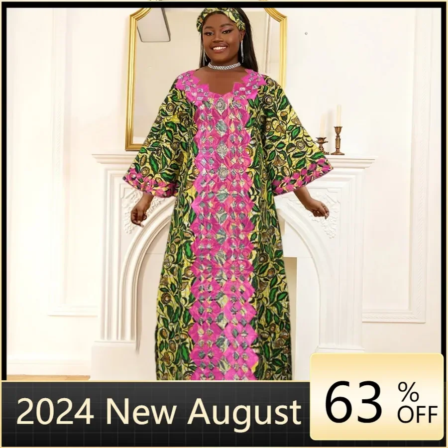 

Plus Size African Clothes for Women 2024 New Dashiki Ankara Embroidery Bazin Riche Design Wedding Party Dresses with Headscarf