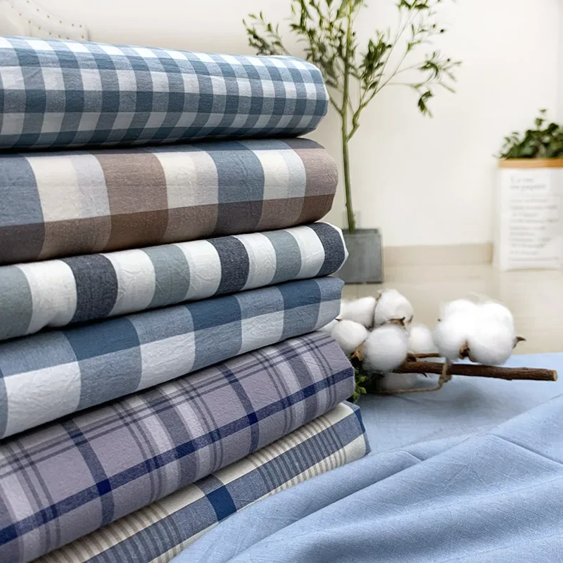 Pure Cotton Washed Fabric Plaid Soft By The Meter for Bedsheets Pillow Cover Shirt DIY Sewing Baby Cloth Micro Wrinkles Blue