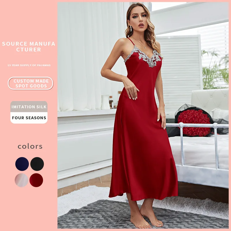 Summer Comfort Imitation Silk Nightdress for Women, Sexy Spaghetti Strap Dress, Ice Silk Pajama, Long Robe Ladies Home Wear