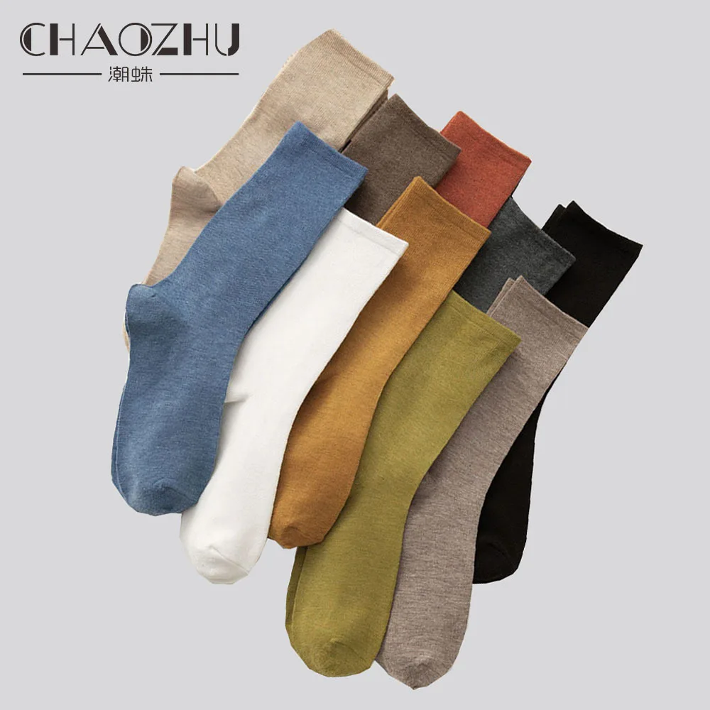 

CHAOZHU 10 Pairs/bag Women Daily Socks Mixed Solid Colors 4 Seasons Fit Basic Loose Tube Stretch Breathable Socks Gift For Girls