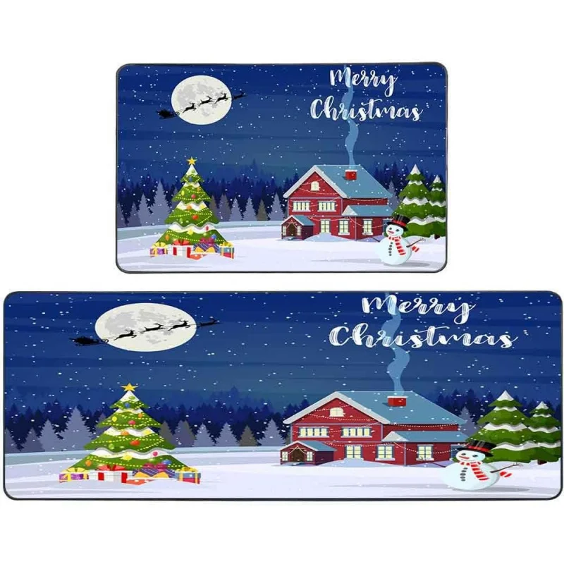 

Christmas Winter Landscape Tree Kitchen Floor Mat 2 Set New Year Kitchen Carpet Home Door Mat 20inX31in 18inX47in