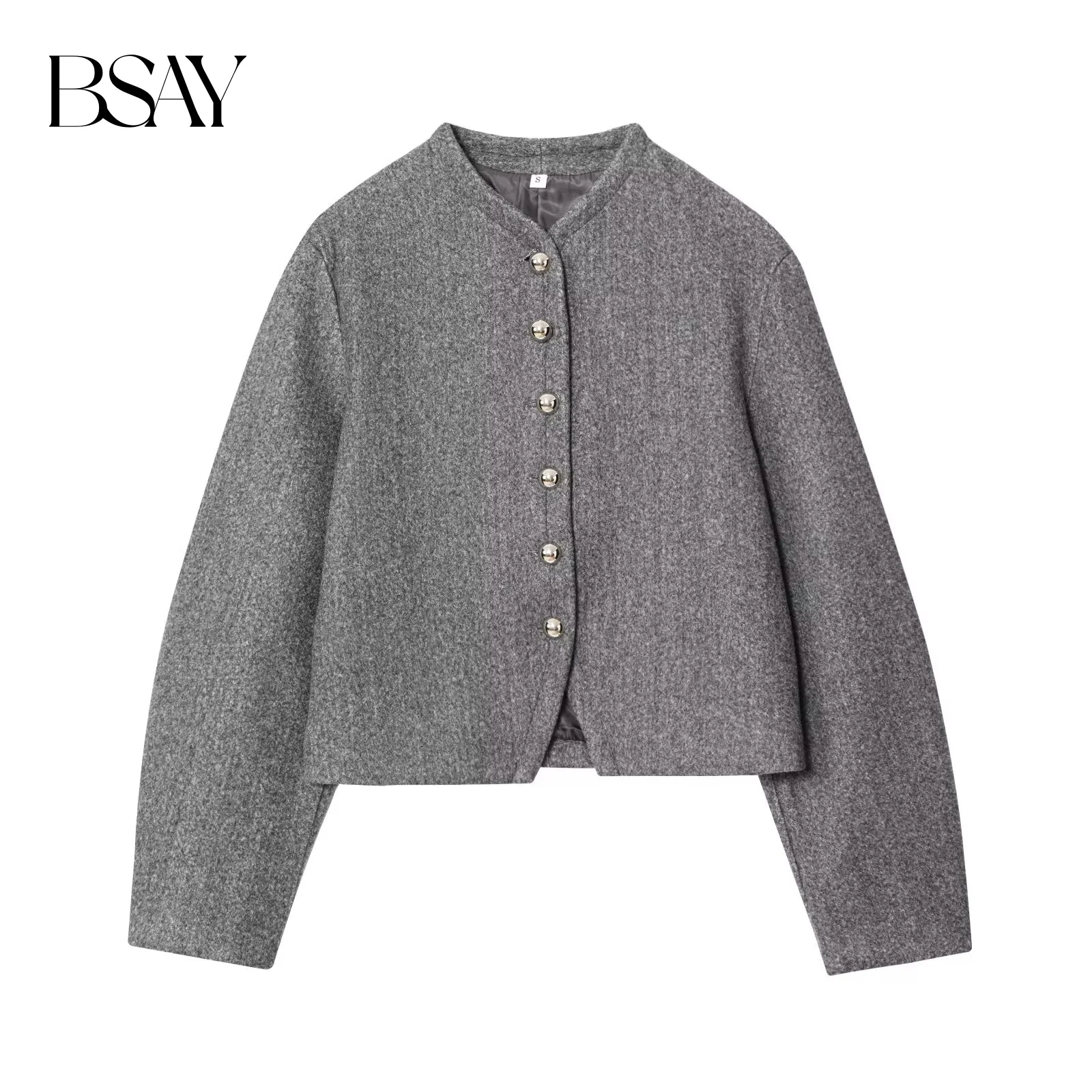 BSAY Mode Eenvoudige Effen Kleur 2025, Herfst Nieuw Product Knoopdecoratie Ronde Hals Commuter Jas Met Lange Mouwen