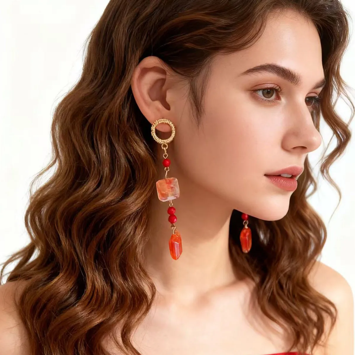 Trendy geometric fashion versatile niche temperament elegant simple square orange long fringed earrings
