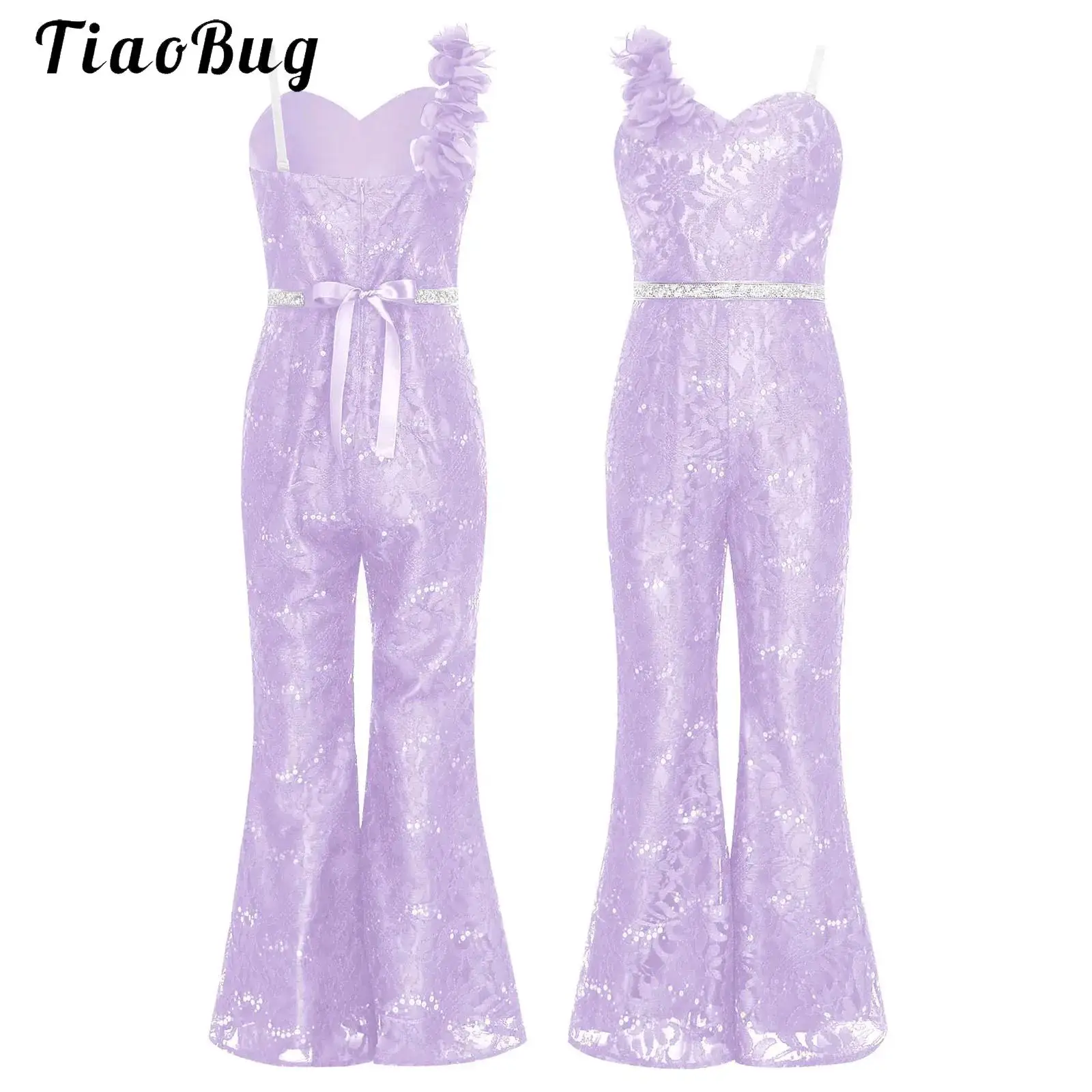 

Girls Sequin Jumpsuit Sparkly One Shoulder Full Trouser Suit with Straight Leg Trousers for Princess Wedding Party Performance