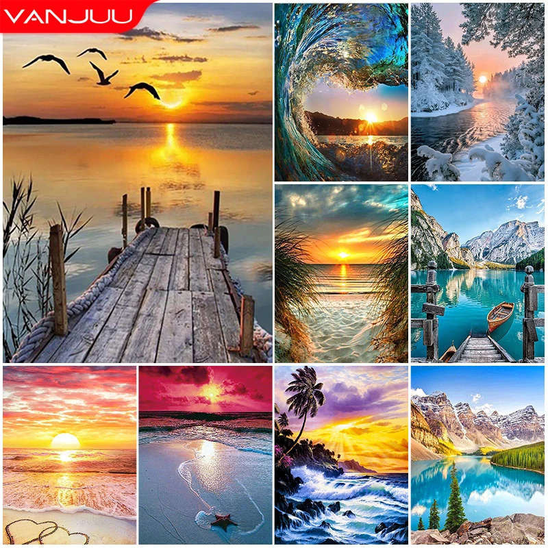 5D DIY Diamond Painting Landscape Coast Beach Sunset Rhinestone Picture Full Round Diamond Embroidery Mosaic Decoration Gift